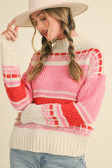 Mock Neck Cable Detail Sweater Ivory Red Multi