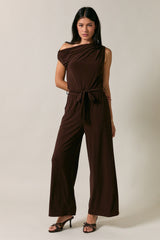 Asymmetric One Shoulder Tied Belt Jumpsuit Brown