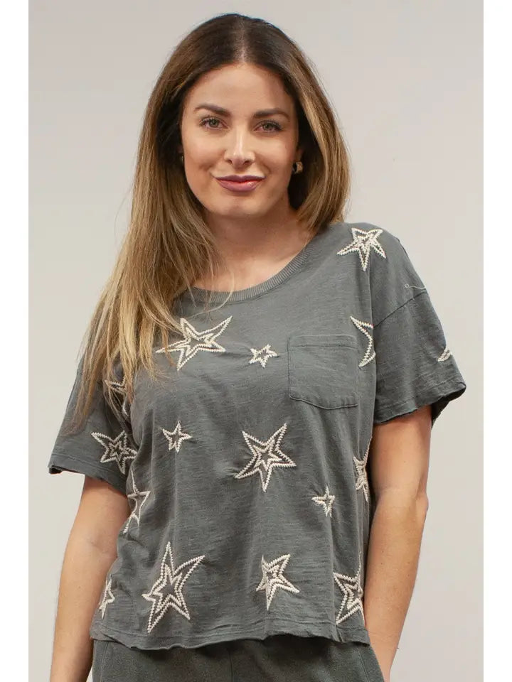 Sirena Embroidered Stars Pocket Tee Dark Grey