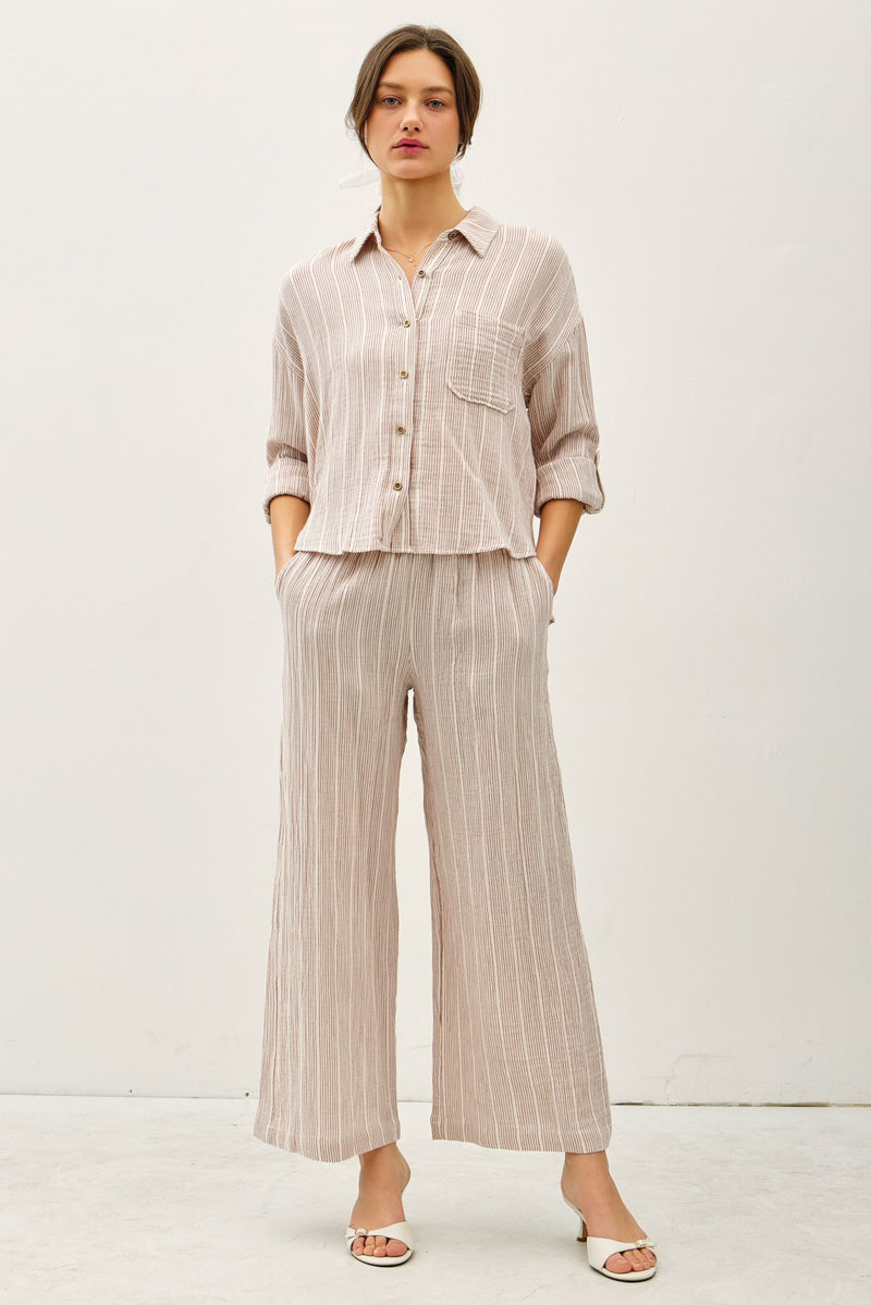 Cropped Boxy Stripe Gauze Button Up Top Amber
