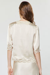 Scalloped Floral Lace Button Closure Blouse Ecru