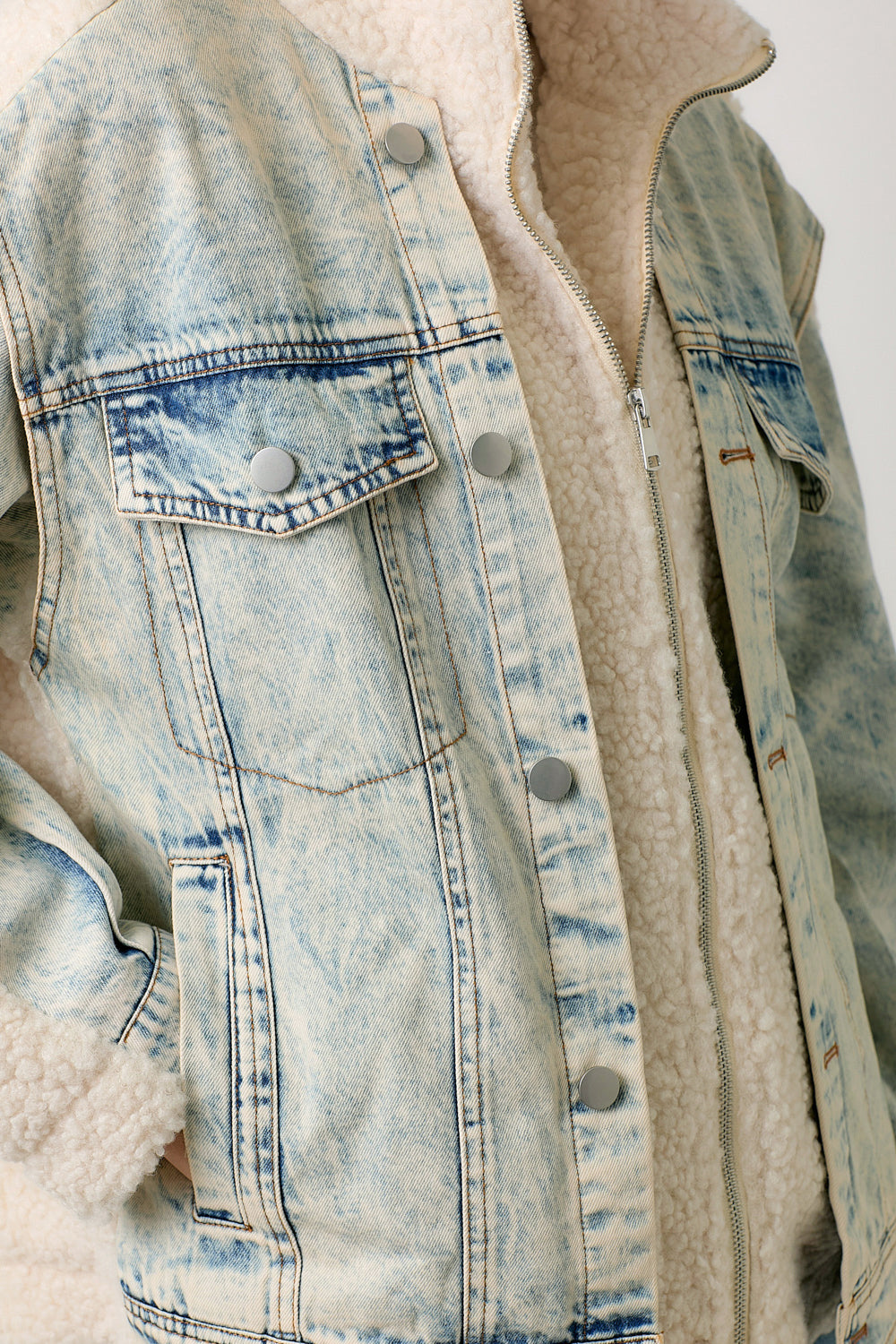 Washed Denim Mixed Zip Sherpa Jacket Cream + Denim