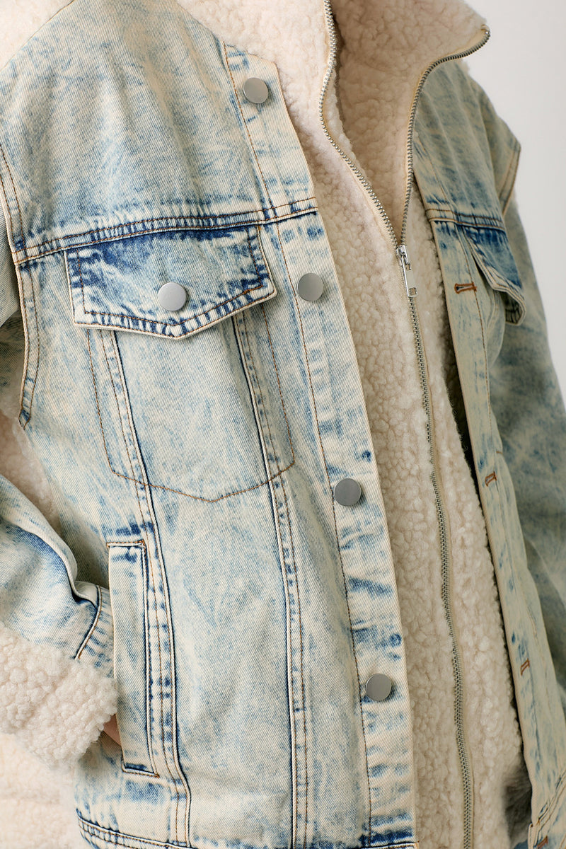 Washed Denim Mixed Zip Sherpa Jacket