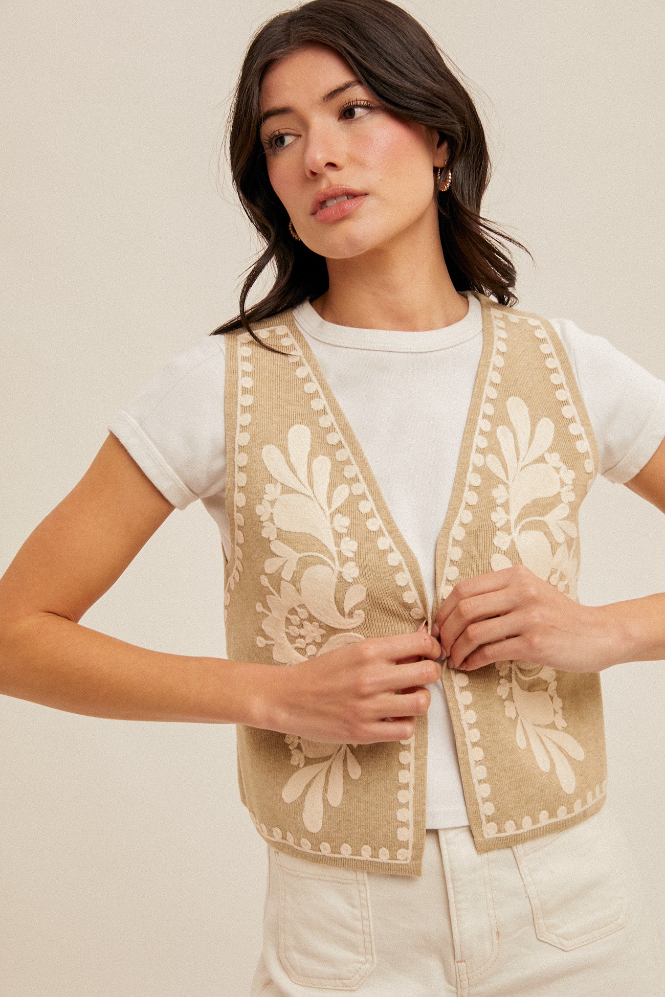 Embroidered Open Sweater Vest Olive