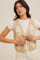 Embroidered Open Sweater Vest Olive