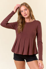 Soft Knit Round Neck Pintuck Peplum Top Chocolate