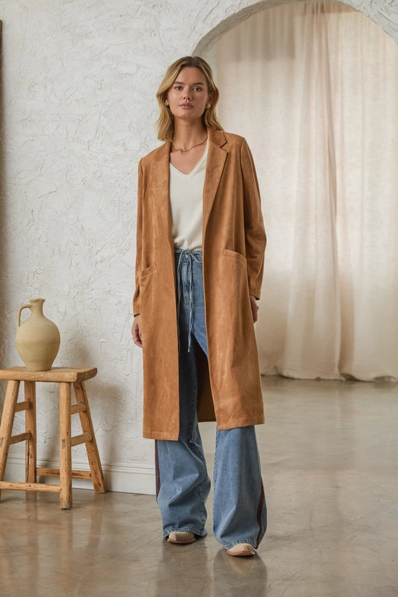 Suede Long Duster Jacket Camel