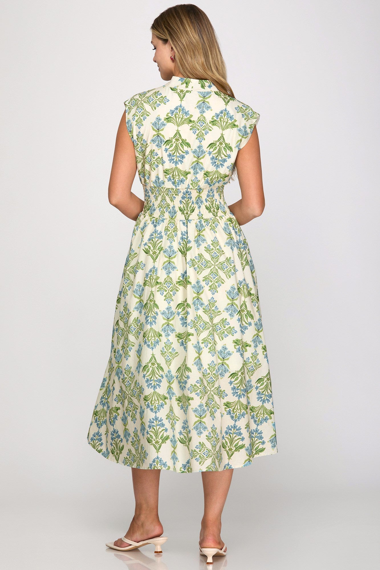 Bluebell Floral Smocked Detail Zip Midi Dress Blue