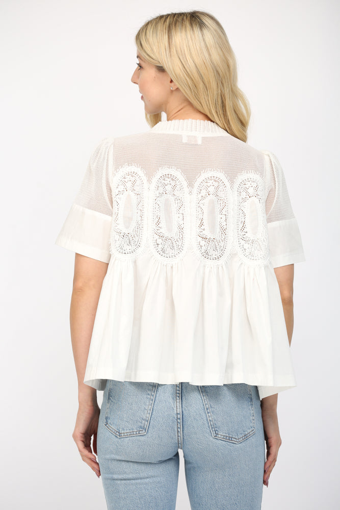 Mesh Combo Lace Applique Top White