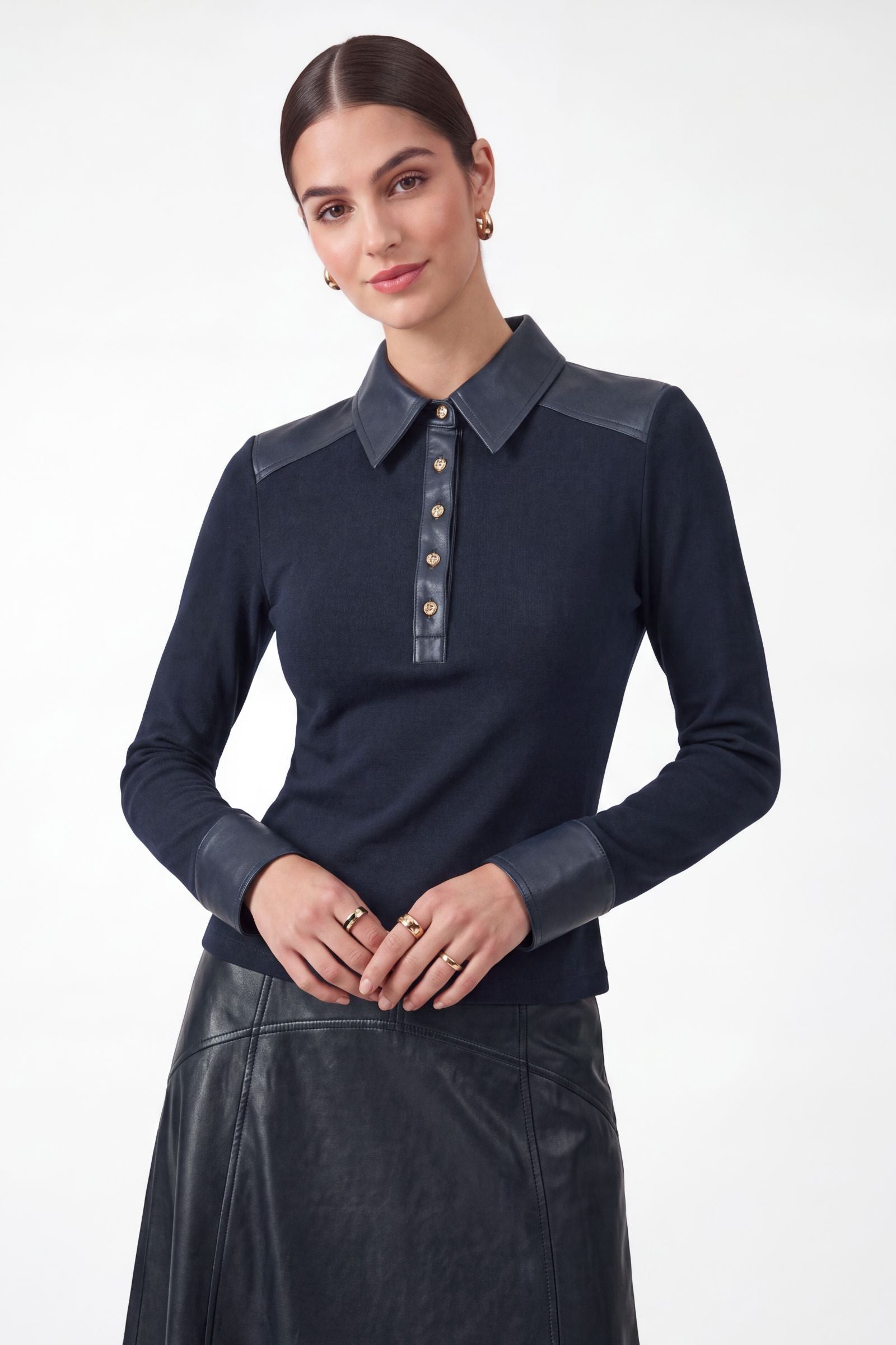 Ribbed Knit Leather Contrast Collared Top Navy