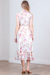 Rolled Cap Sleeve Floral Print Tie Belt Midi Dress Ivory Multi