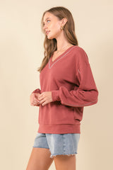 Whipstitched Details Vneck Sweatshirt Burnt Umber