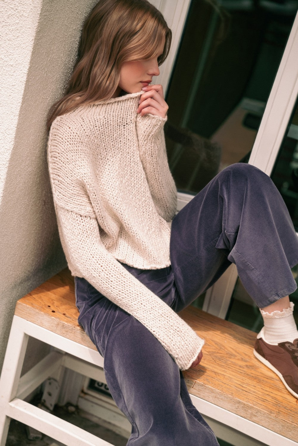 Roll Hem Long Sleeve Sweater White Tea