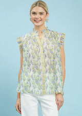 Wild Floral Ruffle Trim Cap Sleeve Top Blue