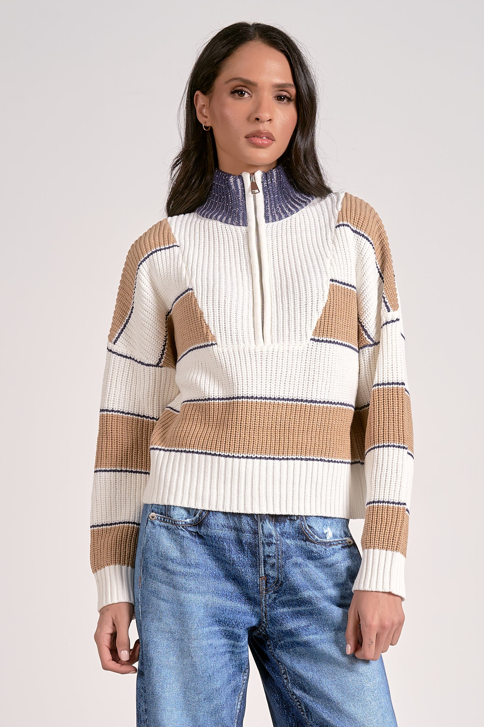 Half Zip Stripe Contrast Collar Sweater Camel