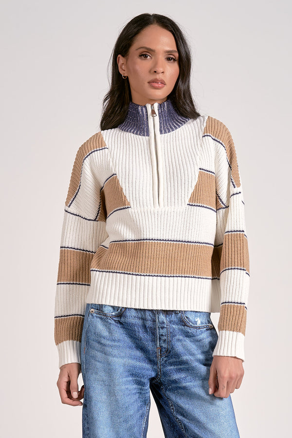 Half Zip Stripe Contrast Collar Sweater Camel