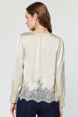 Lace Trim Satin Long Sleeve Blouse Ecru