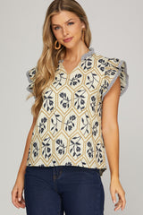 Flutter Sleeve Embroidered Floral Diamonds Top Navy