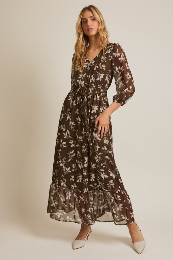 Vneck Button Up Long Sleeve Tie Waist Floral Maxi Dress Olive + Ivory