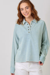Collared Button Neck Terry Long Sleeve Top Washed Pale Blue