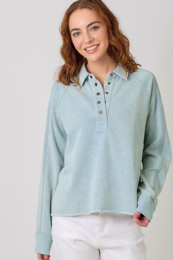 Collared Button Neck Terry Long Sleeve Top Washed Pale Blue