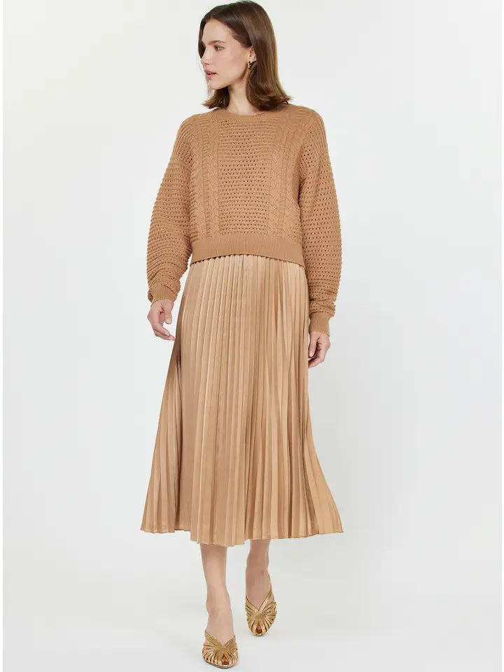 Pullover Sweater Pleated Midi Dress Set Tan