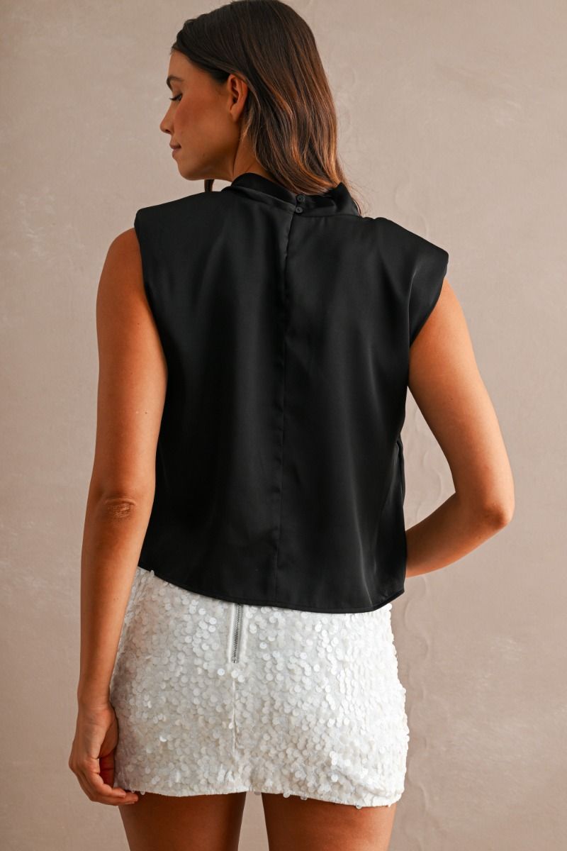 Drape Neck Crossover Padded Shoulder Top Black