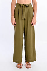 Crepe Tied Belt Wide Leg Pants Khaki