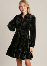 Textured Stripe Shirt Collared Dress Black