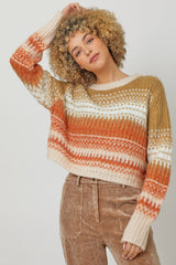 Color Gradient Rib Stitch Pullover Sweater Latte + Pumpkin