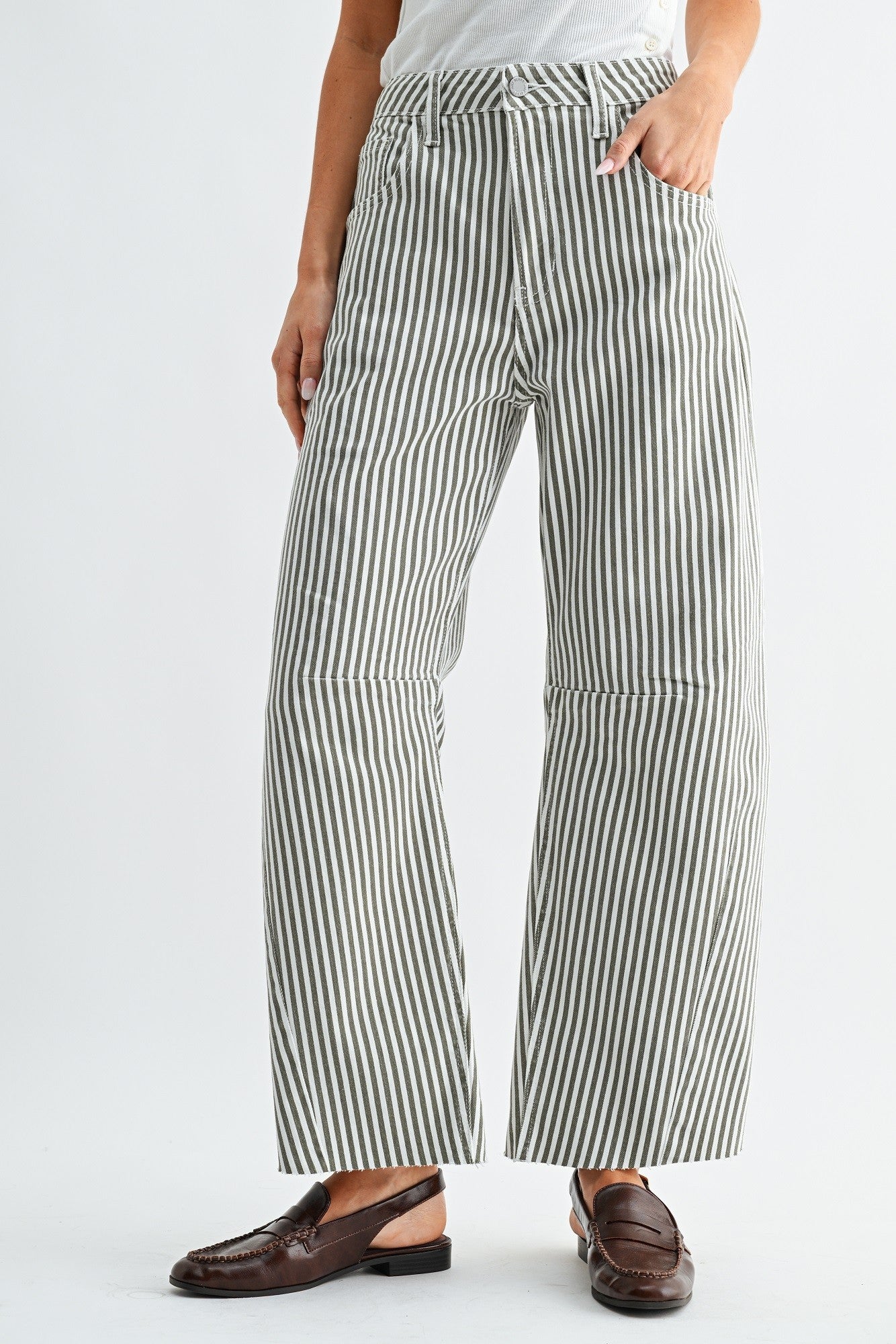 Seam Detail Stripe Barrel Jeans Olive Stripe
