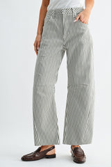 Seam Detail Stripe Barrel Jeans Olive Stripe