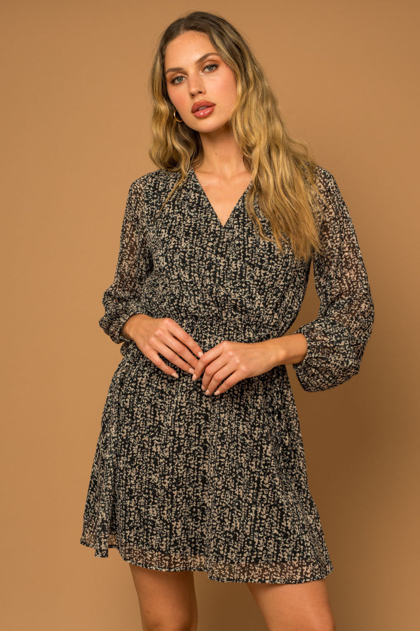 Surplice Long Sleeve Abstract Print Dress Black + Taupe