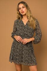 Surplice Long Sleeve Abstract Print Dress Black + Taupe