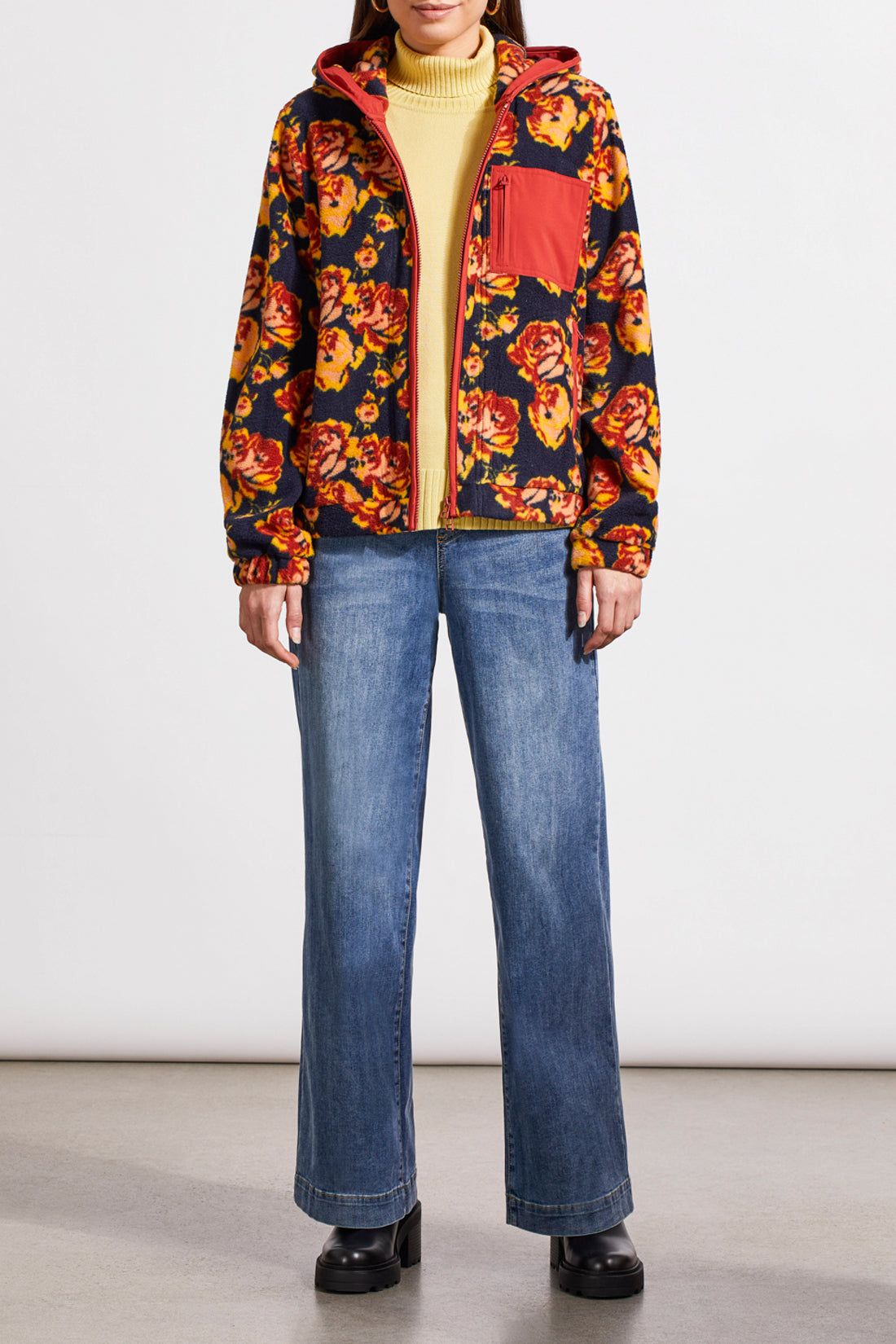 Fleece Floral Contrast Pocket Zip Jacket Night Sky