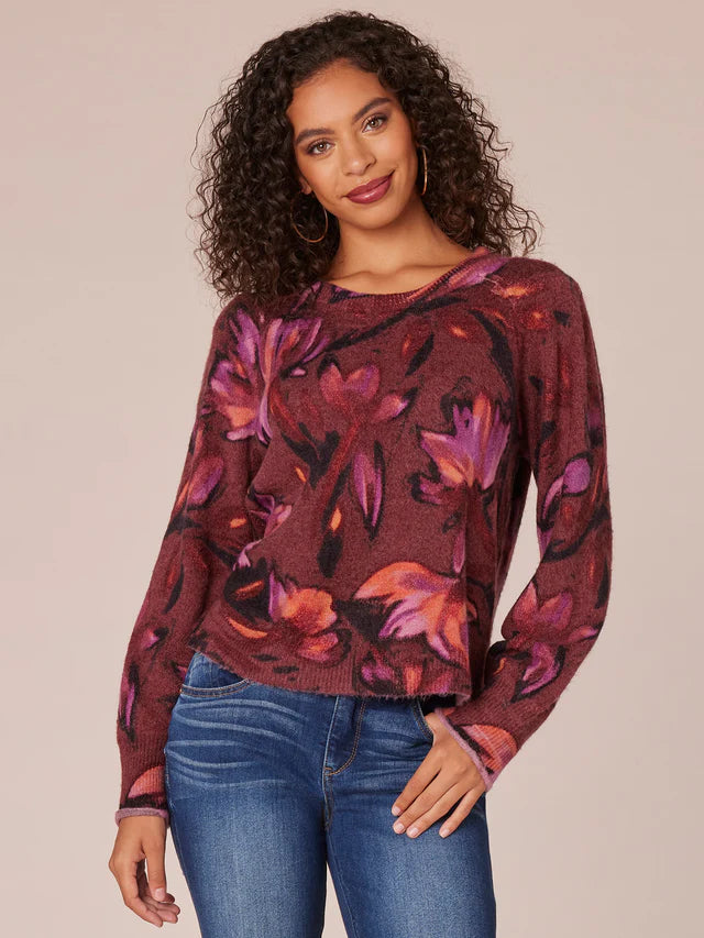 Puff Sleeve Floral Printed Sweater Syrah Black Multi