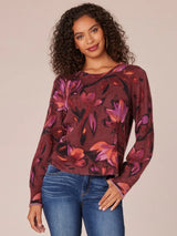 Puff Sleeve Floral Printed Sweater Syrah Black Multi
