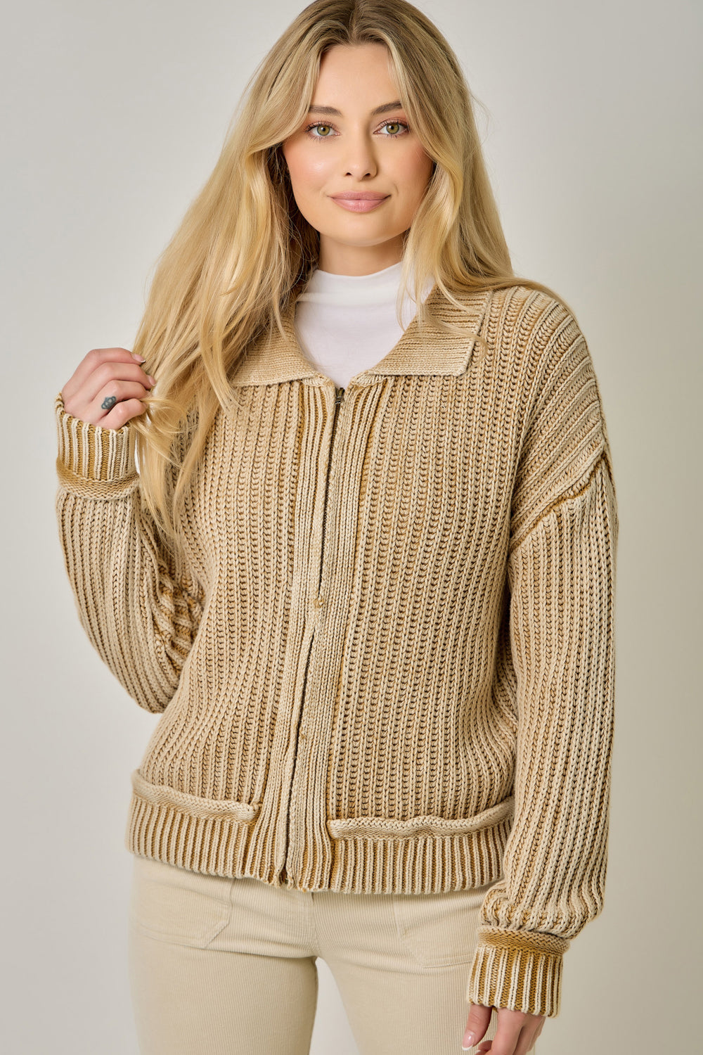 Washed Ribbed Zip Up Sweater Washed Latte
