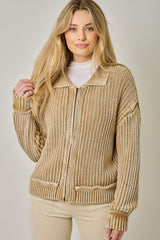 Washed Ribbed Zip Up Sweater Washed Latte