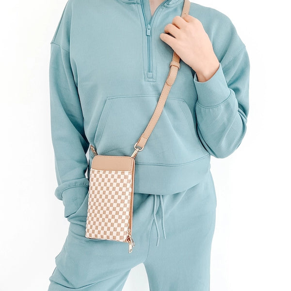 Woven Double Duty Phone Bag Checkered Tan