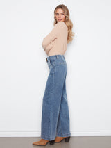 Removable Belt Flare Wide Leg Jeans Medium Blue