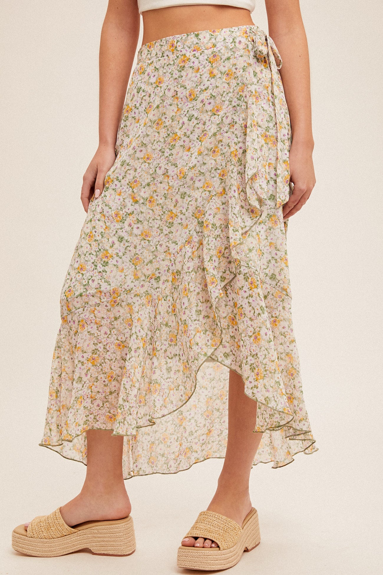 Ditsy Floral Side Tie High Low Chiffon Skirt Sage