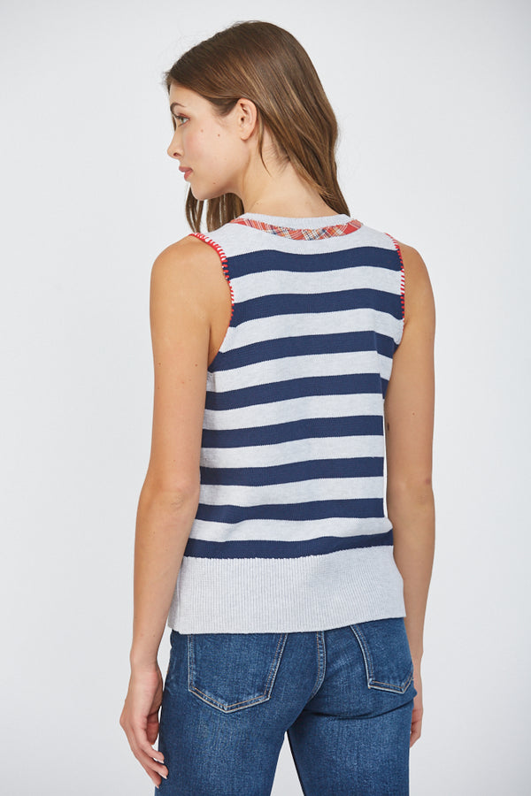 Plaid Trim Star Print Sweater Tank Heather Grey