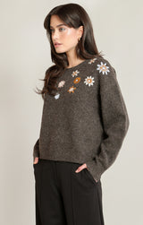 Embroidered Mix Daisies Sweater Espresso Heather