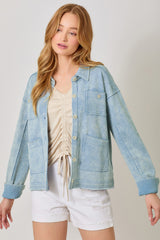 Mix Textured Washed Pockets Shacket Washed Denim Blue