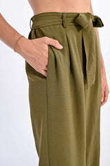 Crepe Tied Belt Wide Leg Pants Khaki