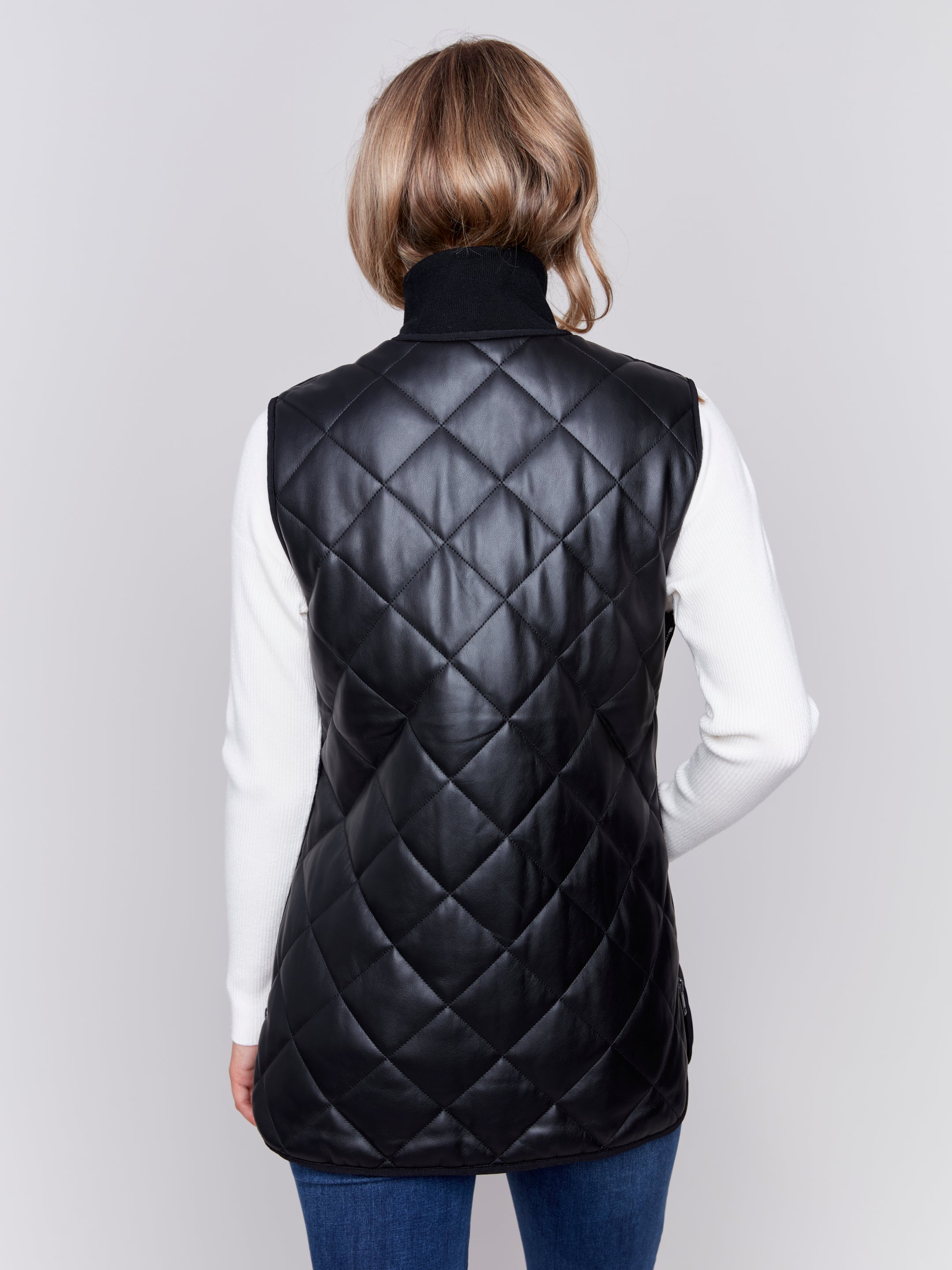 Long Quilted Leather Vest Black