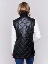 Long Quilted Leather Vest Black