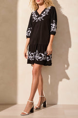Elbow Sleeve Embroidered Ruffle Hem Dress Black