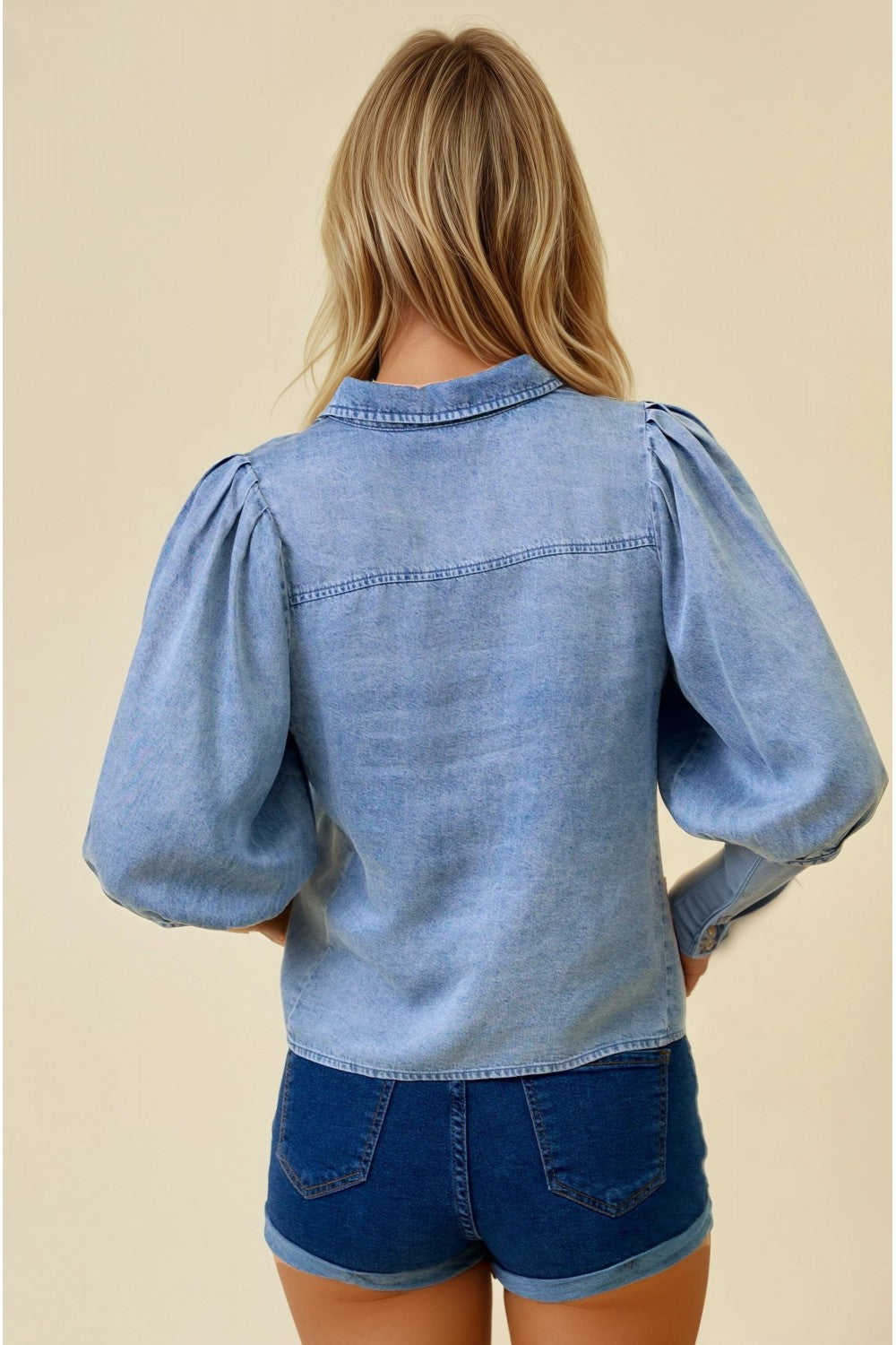 Chambray Pleat Detail Puff Sleeve Button Down Shirt Light Denim